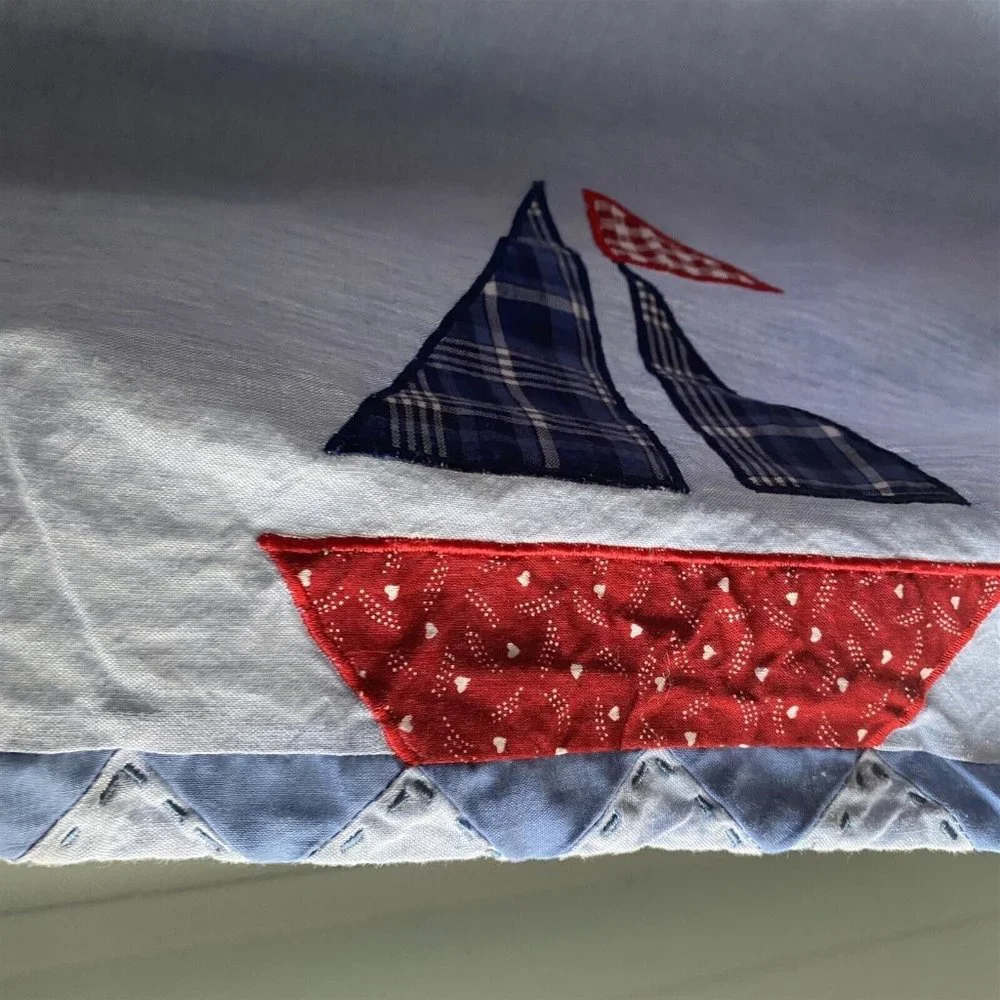 Window Valance Pair Sailboat Applique Gingham Red Blue 20